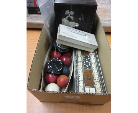 Indian mosaic and bone inlaid cribbage board, quantity of billiards balls, fishing reel and other sundries