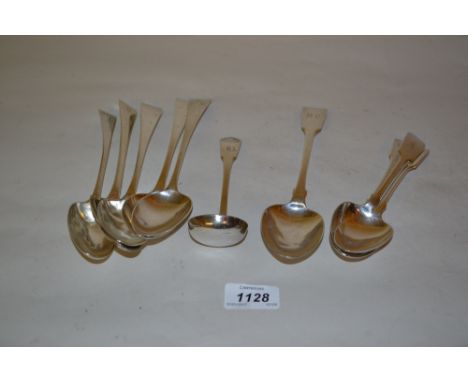 Five various Georgian silver Old English pattern tablespoons, an early 19th Century Fiddle pattern tablespoon, three dessert 