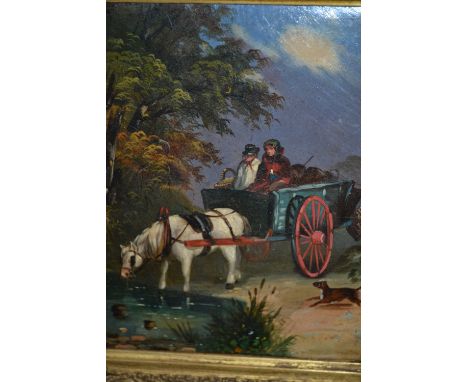 Two 19th Century oils, figures on a horse drawn cart and study of a boy playing with a bird (unframed)