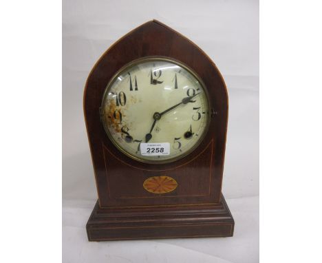 Edwardian mahogany lancet shaped mantel clock with Arabic numerals and two train movement (pendulum lacking)