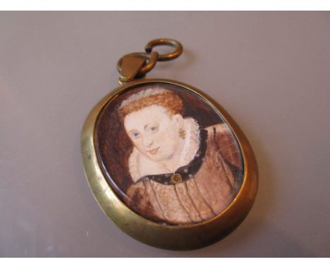 Oval gilt metal pendant inset with a miniature watercolour portrait of a lady
