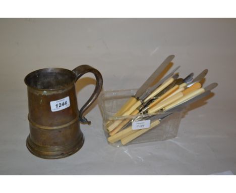 Antique silver plated on copper tankard, two other items and a small quantity of plated flatware