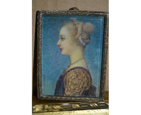 19th Century Continental watercolour miniature on ivory, portrait of a lady in profile, signed E. Melocchi, inscribed verso, 