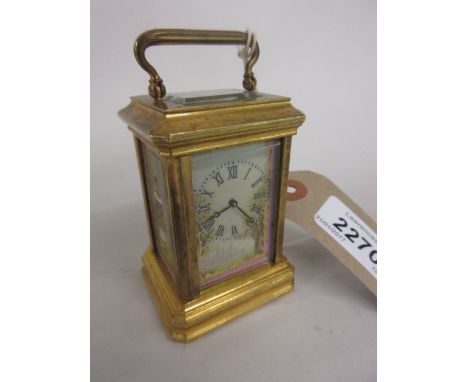 Miniature gilt brass carriage clock inset with painted porcelain panels (a/f), late 20th Century