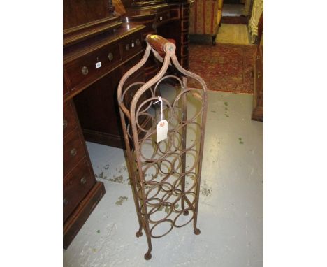 Wrought iron twelve bottle wine rack with wooden handle