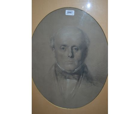 19th Century English school, black and white chalks head and shoulder portrait of a gentleman, oval mounted, 16ins x 21ins, e