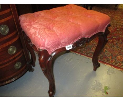 Victorian rectangular carved mahogany button upholstered stool on cabriole supports with red damask upholstery
