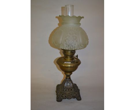 Victorian brass, cast iron and opaque glass oil lamp