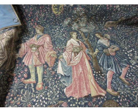 Reproduction printed tapestry panel, Medieval figures before a floral background