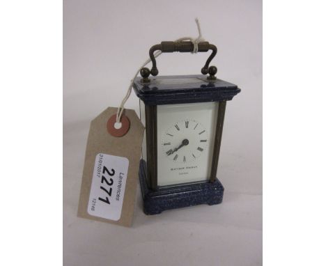 Miniature brass and blue mottled enamel cased carriage clock by Matthew Norman, London, the enamel dial with Roman numerals a