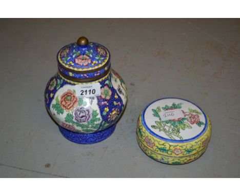 Chinese Canton enamel baluster form jar and cover decorated with panels of flowers and insects on a blue ground, 7ins high, t