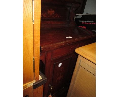 Edwardian walnut and marquetry inlaid narrow side cabinet with a low shelf back above a pair of panelled doors, square suppor