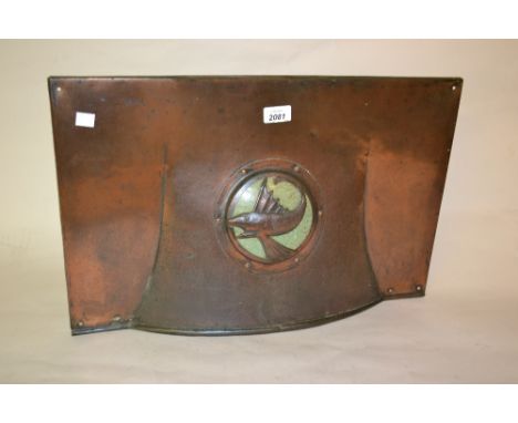 Arts and Crafts and blue enamel decorated fire hood of Newlyn type, decorated with a central figure of a stylised fish on a c