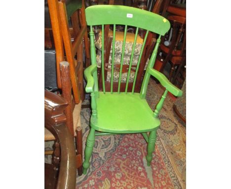 Green painted stick back open armchair on turned supports