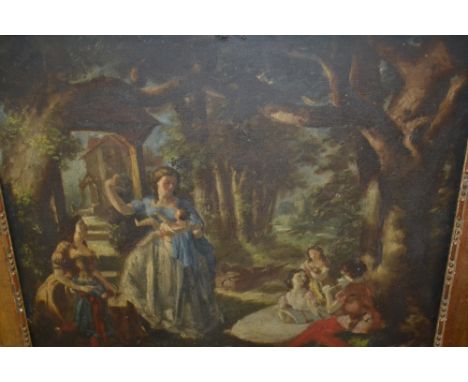 19th Century double sided oil on millboard, family in a garden and portrait of the Prince Regent verso, 18ins x 21.5ins