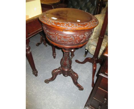 19th Century circular carved walnut and mahogany work table on baluster column and tripod support