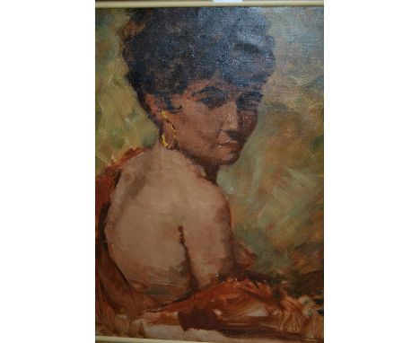 Oil on canvas, half length portrait of a semi nude Continental girl, 23ins x 19ins