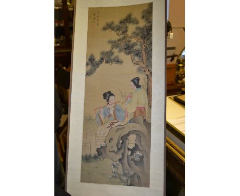 Modern Chinese painted silk scroll in original box