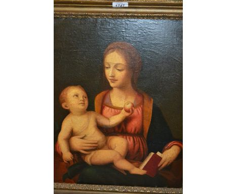 Antique oil on canvas, portrait of the Madonna with the infant Christ, 20.5ins x 17ins