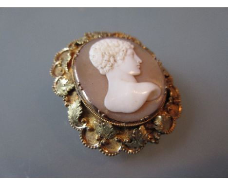 Early 19th Century shell cameo brooch carved with a portrait of a Roman god mounted in a yellow metal cast leaf design frame