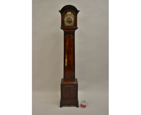 Fine quality miniature 19th Century mahogany longcase clock in George III style, the broken arch hood with flanking pilasters