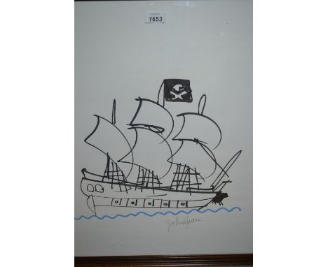 John Ryan original framed sketch of the crew of the ' Black Pig ' pirate ship, signed, 18ins x 24ins