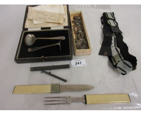 Travelling knife and fork in case, propelling pencil, silver plated necklace and ear drops and miscellaneous other items incl