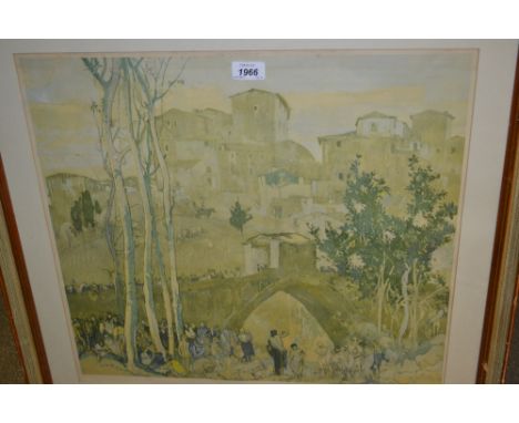 Frank Brangwyn, signed lithograph, Continental town with figures by a stone bridge (with blind stamp), 19.5ins x 21ins