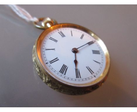 18ct Yellow gold cased open face fob watch having engraved case and ceramic dial with Roman numerals