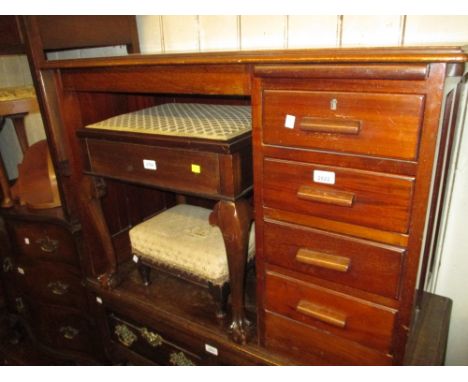 Mid 20th Century mahogany office desk with a drop-flap and four drawers together with a zinc lined military trunk