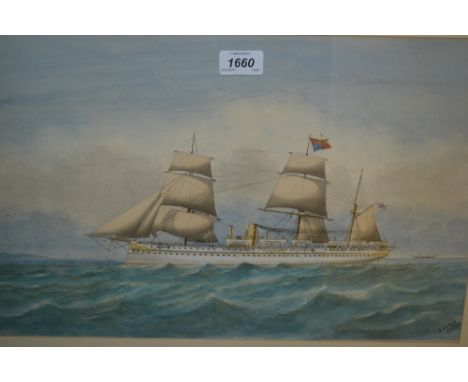 A. Wilkins, watercolour, portrait of a Royal steam and sailing yacht flying the Royal Ensign, signed, 11.5ins x 17.5ins, gilt