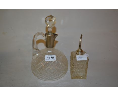 London silver mounted cut glass jug decanter with stopper together with a silver mounted cut glass perfume bottle