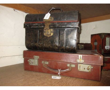 Small leather suitcase and a dolls tin trunk