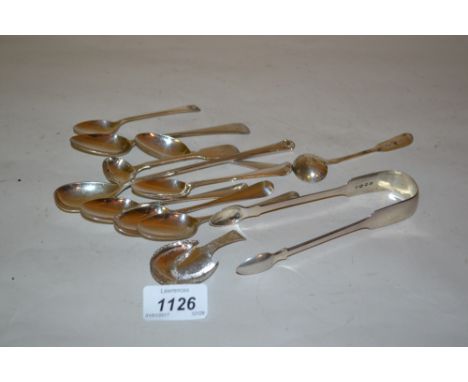 Silver caddy spoon, pair of silver sugar tongs and various antique silver tea, coffee and condiment spoons