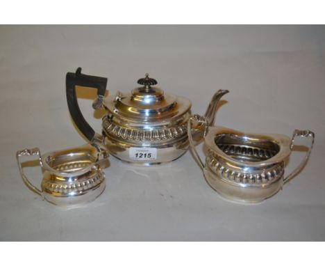 Chester silver three piece tea service of oval baluster form with gadroon banding