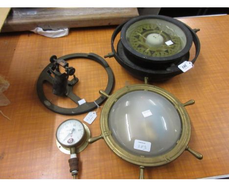 Black japanned ship's gimbal compass inscribed ' Observator, Rotterdam ', together with a black japanned instrument, a brass 