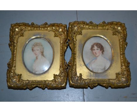 Pair of 19th Century oval mounted and gilt framed portrait miniatures of young ladies