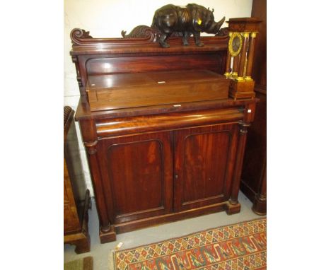 Victorian mahogany chiffonier with a shelf back above a single drawer, pair of panelled doors and flanking pilasters on a pli