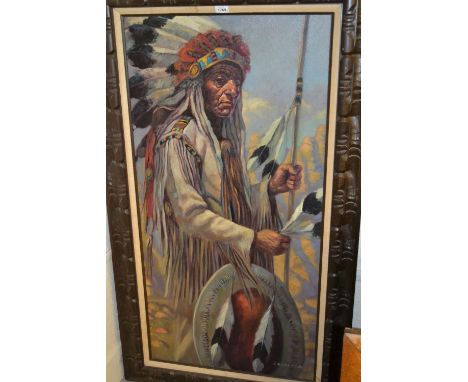 Zavaleta, oil on canvas, portrait of a North American Indian wearing a feather headdress and traditional costume, 48ins x 24i
