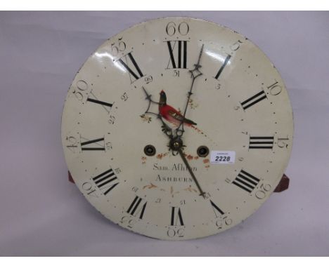 Eight day longcase clock movement, the 14in circular painted dial signed Sam Ashburn, enclosed by a calendar dial with pendul