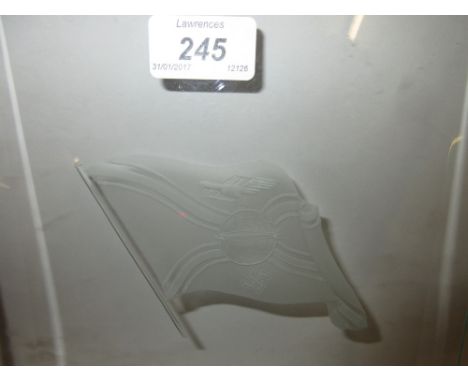 German glass window panel, etched with a flag and Zeppelin over a globe with eagle and swastika, 12ins x 8.5ins