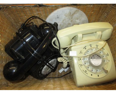 20th Century black dial telephone, a white composition push button telephone and miscellaneous items including a basket ball 