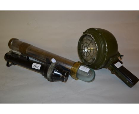 G.E.C. emergency light for use in explosive petroleum atmospheres together with a black Japanned signal torch by Dorman and S
