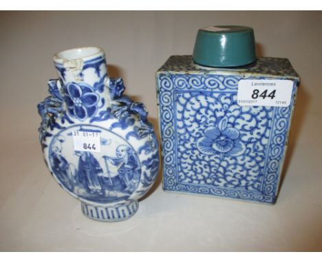 Antique Chinese blue and white tea caddy (a/f) together with a small 19th Century Chinese blue and white moon flask (a/f)