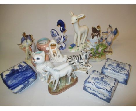 Three Delft style blue and white boxes, pair of miniature jardinieres, pair of candle holder figures in the form of angels, p