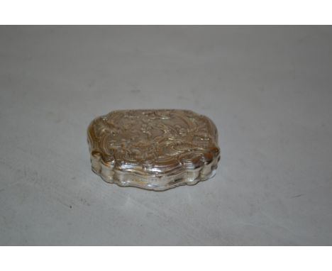 Antique French silver snuff box with embossed decoration of figures in landscapes