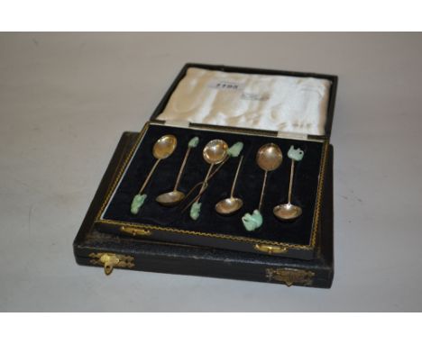 Boxed near set of Chinese white metal coffee spoons with carved jade finials and similar fork (a/f) and a Sheffield silver ha