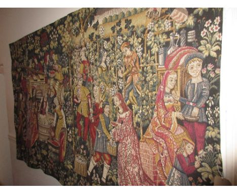 Reproduction machine woven tapestry wall hanging depicting a wine making scene, 6ft 6ins x 4ft 6ins approximately