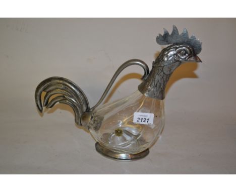 Pewter mounted glass decanter in the form of a cockerel
