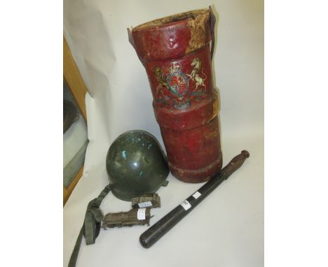 19th Century wooden truncheon, Polish army helmet, brass model railway engine with tender, together with a leather shell carr